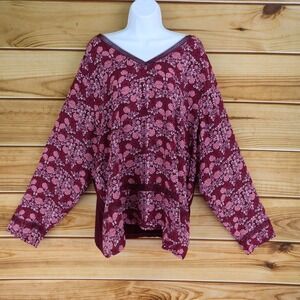 Great Northwest‎ Indigo Blouse Womens 3X Maroon Floral Lightweight Long Sleeves
